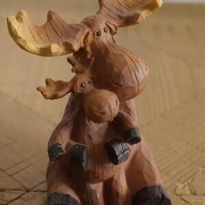 Moose Mom & Baby Figurine Rustic Log Cabin Lodge Primitive Home Decor Gift